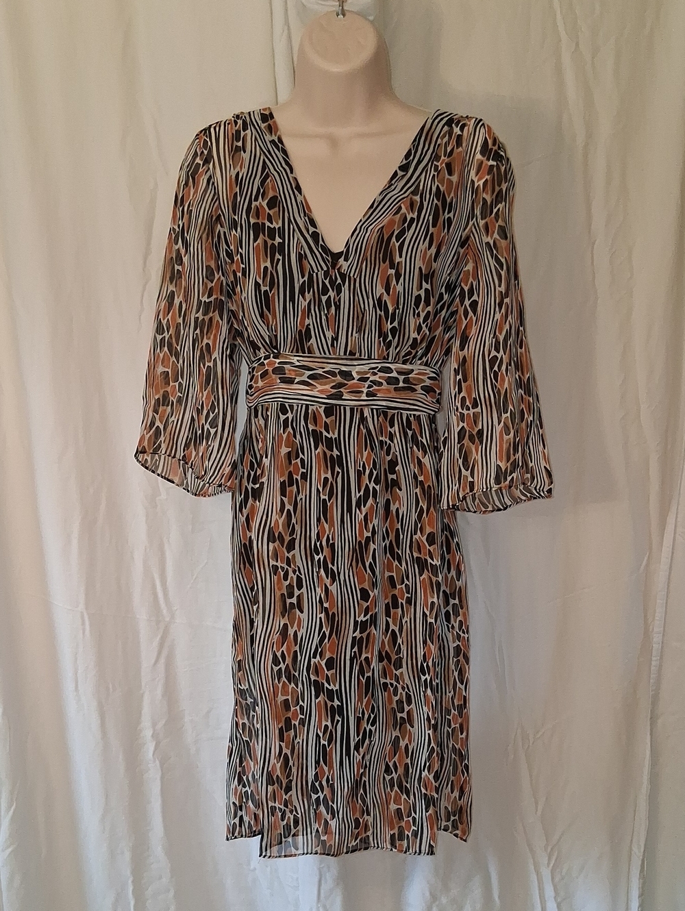 ECI Black, Cream & Brown V-Neck Patterned Midi Dress NWT